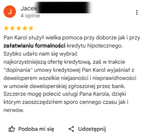 Opinia klienta w Google