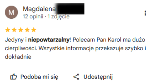 Opinia klientki w Google